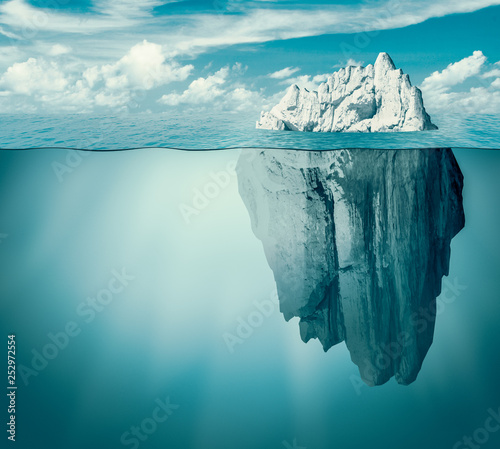 Iceberg in ocean or sea. Hidden threat or danger concept. 3d illustration.