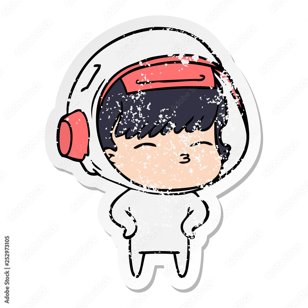 distressed sticker of a cartoon curious astronaut distressed sticker of a cartoon curious astronaut