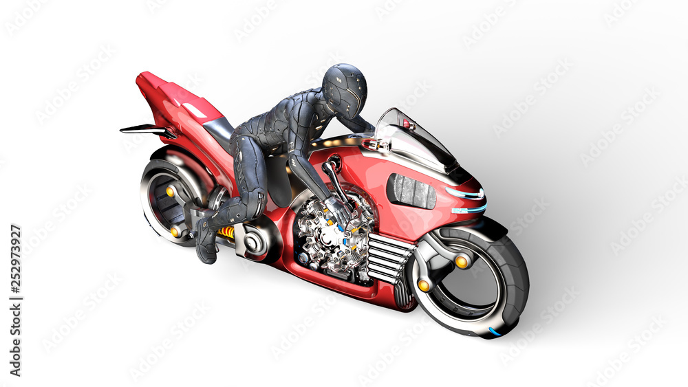 Biker girl with helmet riding a sci-fi bike, woman on red futuristic motorcycle isolated on white background, top view, 3D rendering