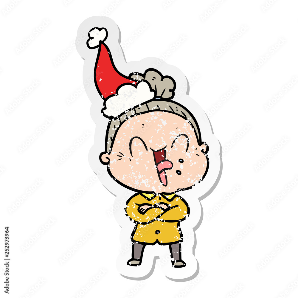 distressed sticker cartoon of a happy old woman wearing santa hat