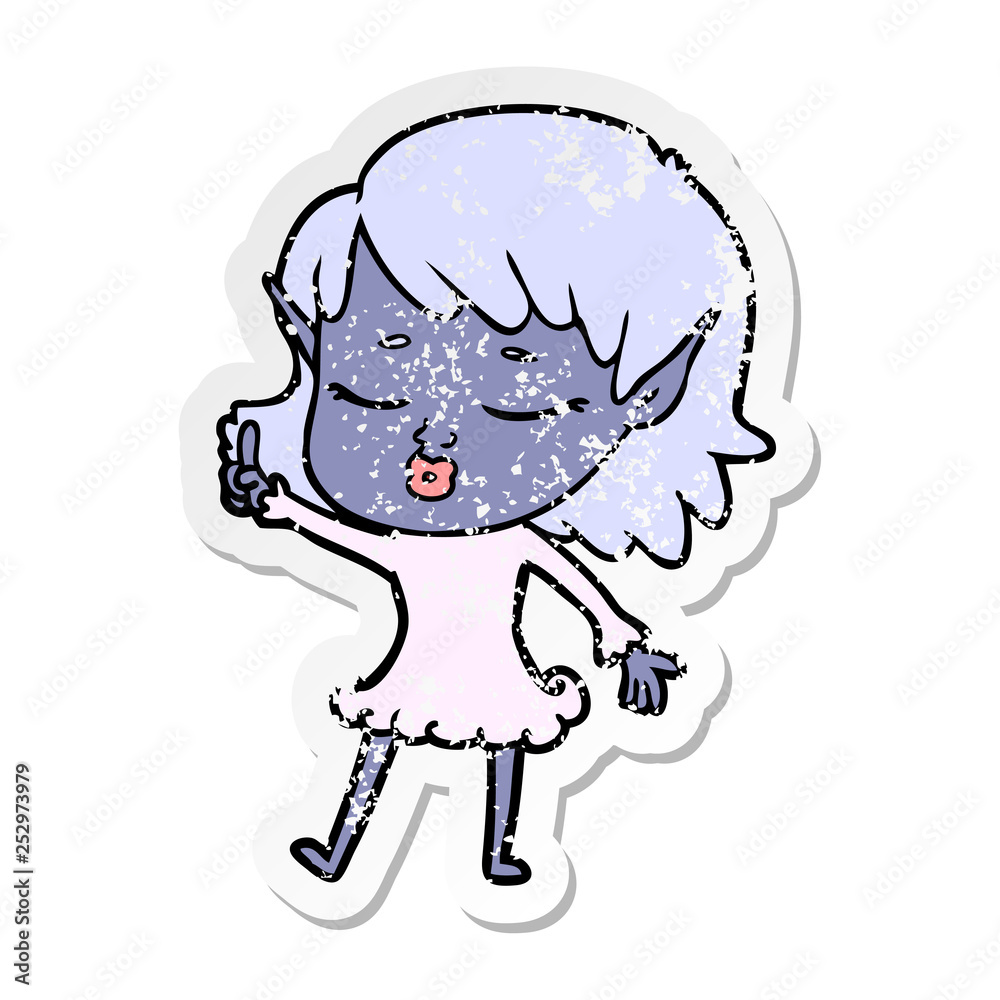 distressed sticker of a pretty cartoon elf girl with question distressed sticker of a pretty cartoon elf girl with question