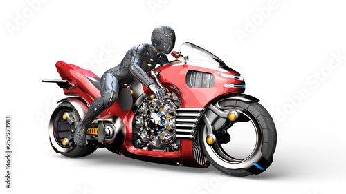 Biker girl with helmet riding a sci-fi bike, woman on red futuristic motorcycle isolated on white background, 3D rendering