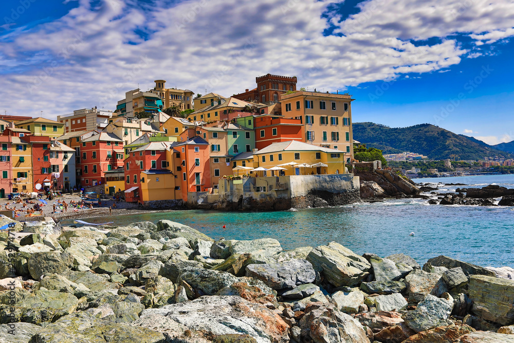 Boccadasse, Italy is a small fishing village in the Genoa (Genova) area.  This popular tourist attraction is easy to get to from the city.  the colorful village sits on the shores of the Mediterranean