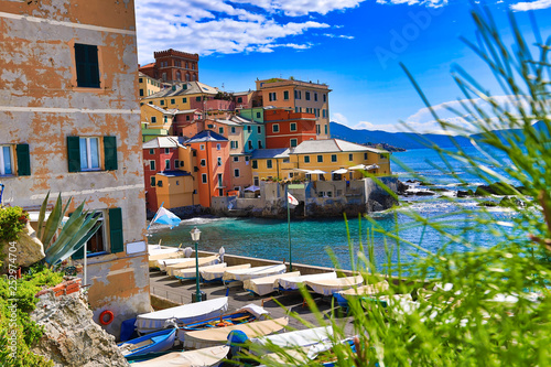 Boccadasse, Italy is a small fishing village in the Genoa (Genova) area.  This popular tourist attraction is easy to get to from the city.  the colorful village sits on the shores of the Mediterranean