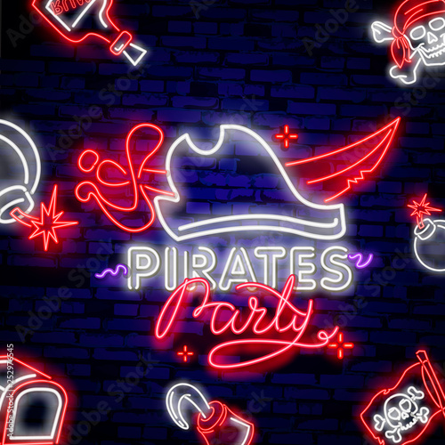 Pirates party Neon Text Vector. Pitate Hat neon icon, design template, modern trend design, night neon signboardVintage pirate emblem glowing neon