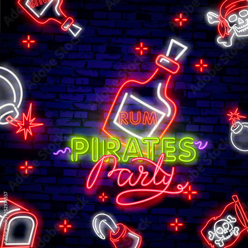 Pirates party Neon Text Vector. Pitate Rum neon icon, design template, modern trend design, night neon signboardVintage pirate emblem glowing neon photo