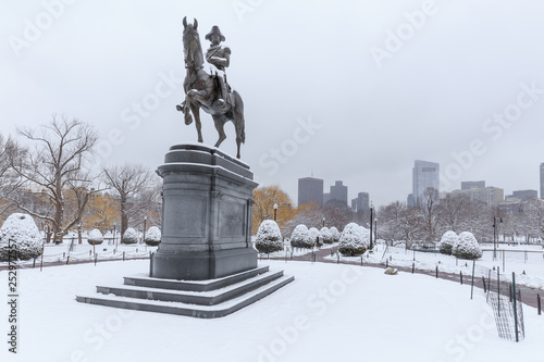 The equestrian bronze statue of George Washington in the Public Garden in Boston, Massachusetts USA 