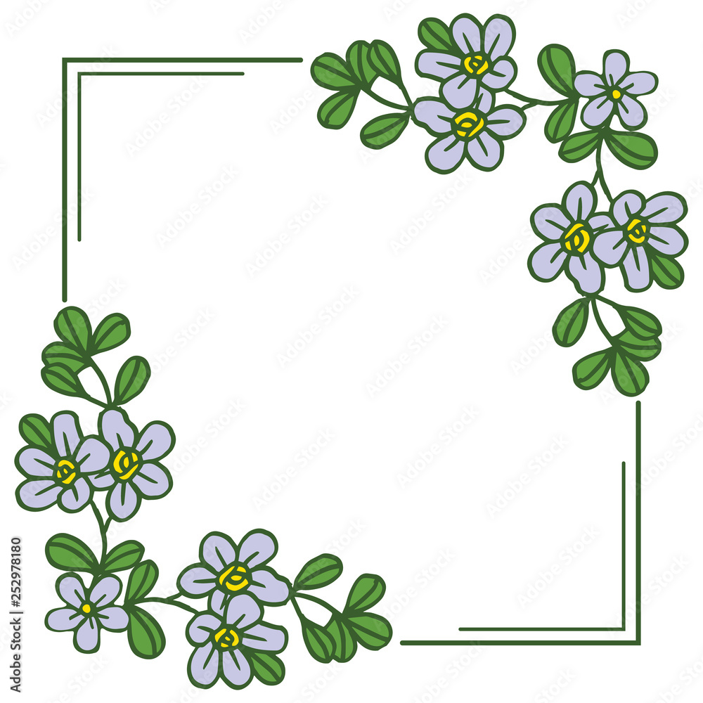 Vector illustration beautiful violet flower frame with leaf green hand drawn Vector illustration beautiful violet flower frame with leaf green hand drawn