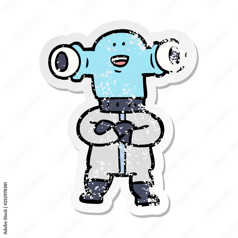 distressed sticker of a friendly cartoon alien
