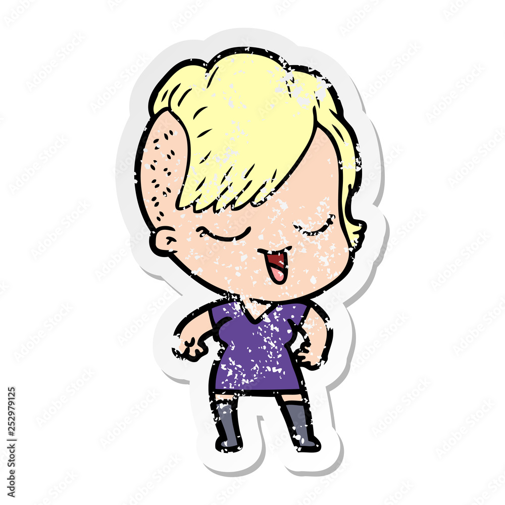 distressed sticker of a happy cartoon girl distressed sticker of a happy cartoon girl