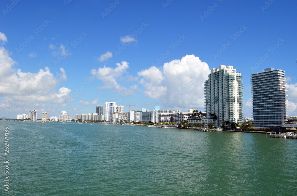 Wide angled view of Miami Beach luxury condominium buildings on the shore of the Florida Intra-coastal Water