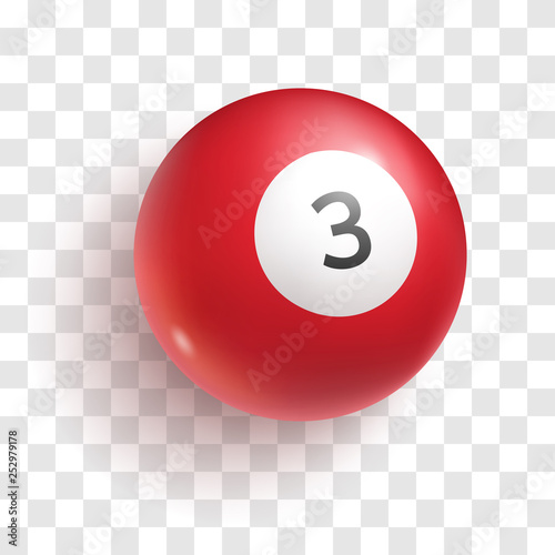 Red billiard ball with number three. Glossy sphere with reflection and shadow. Realistic 3d ball for pool or snooker game vector illustration. Sport equipment isolated on transparent background photo