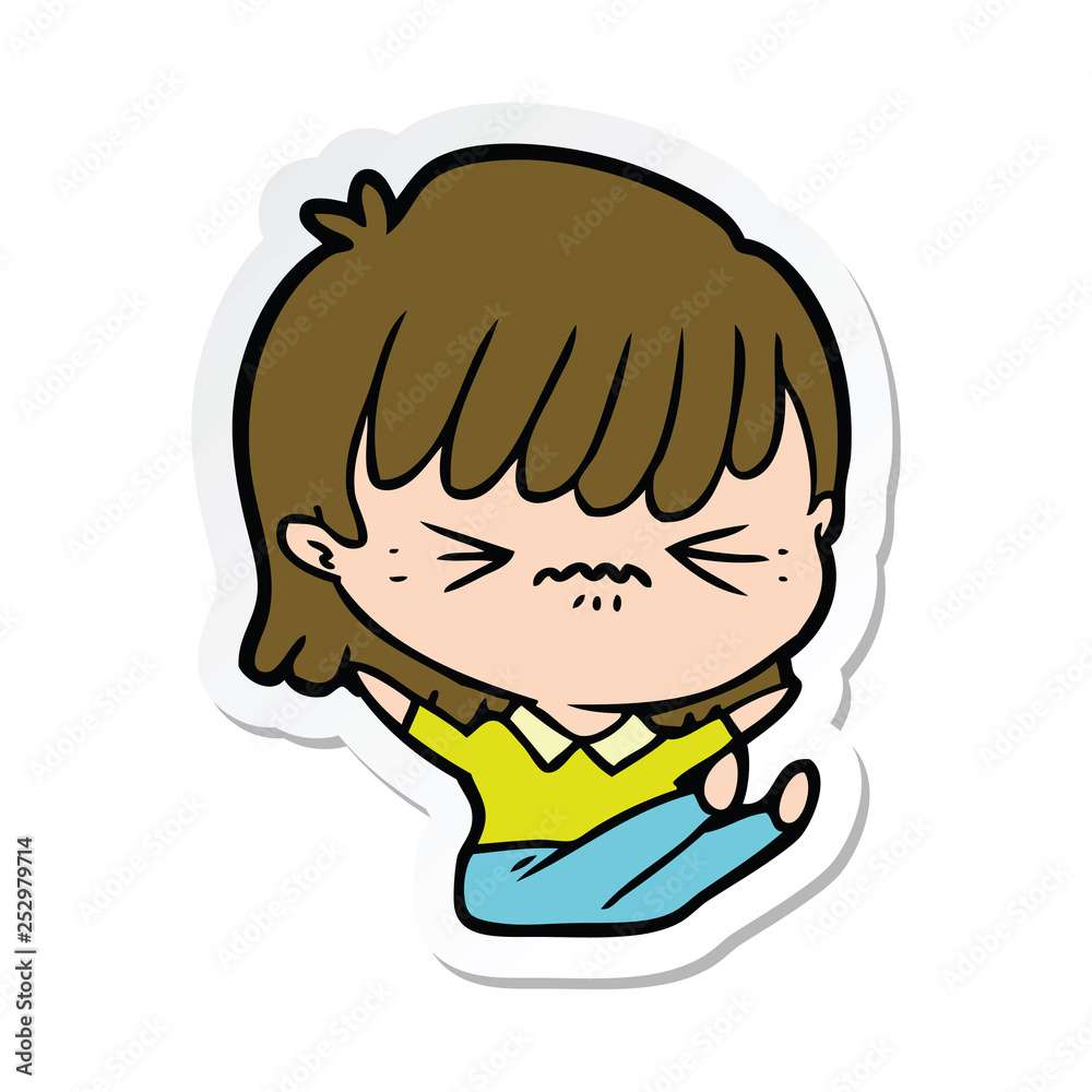 sticker of a annoyed cartoon girl falling over sticker of a annoyed cartoon girl falling over