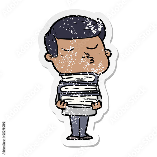 distressed sticker of a cartoon model guy pouting holding books