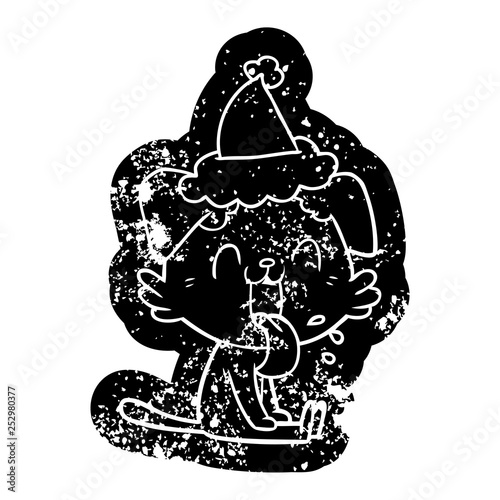 cartoon distressed icon of a panting dog wearing santa hat