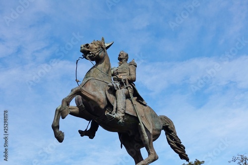 View of a bronze statue of Major General Andrew Jackson on a horse located in New Orleans, Louisiana, United States