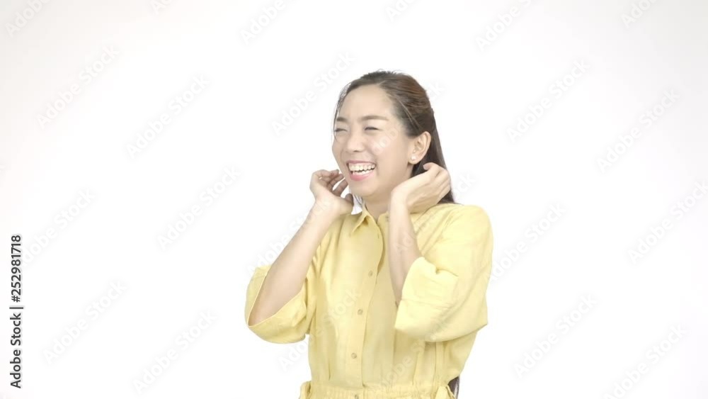 Slow motion of young beautiful asian woman with summer dress looking very excited as pile of cash drop on her with white background, extremely happy face. Holiday lifestyle concept. Slow motion of young beautiful asian woman with summer dress looking very excited as pile of cash drop on her with white background, extremely happy face. Holiday lifestyle concept.