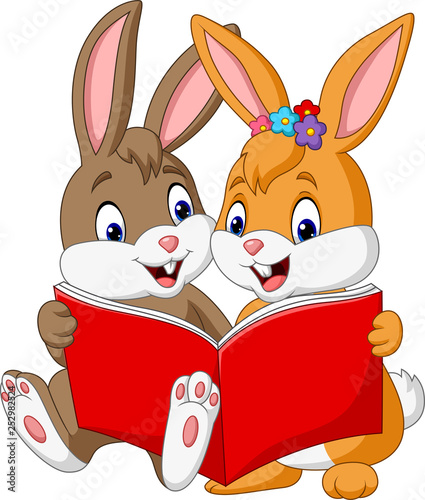 Cartoon couple of rabbits reading a book