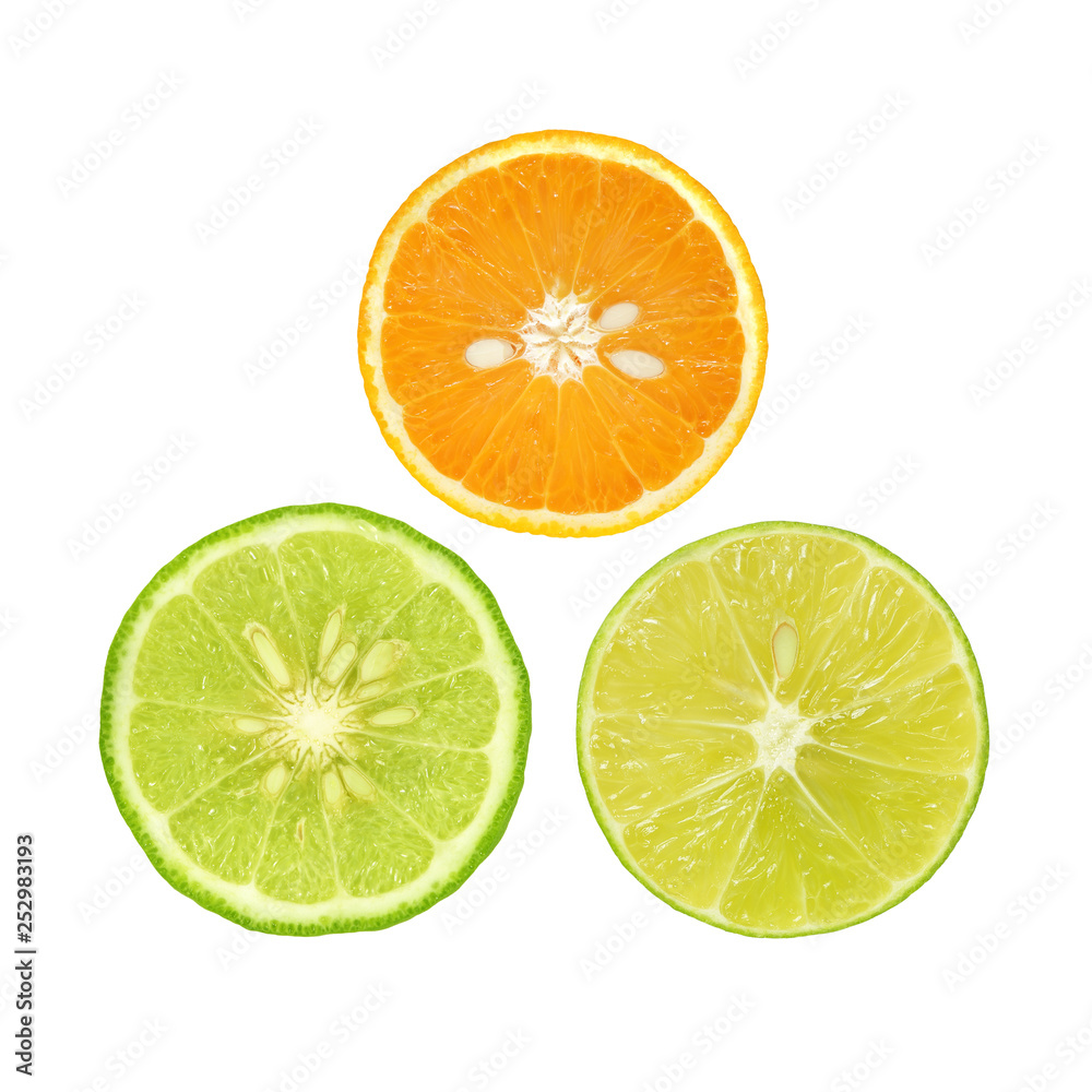 Slice of fresh orange with lime and bergamot isolated on white background