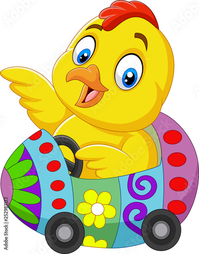 Cartoon baby chick riding an Easter egg car
