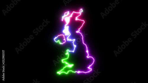 Four-colors neon glowing Great Britain map silhouette