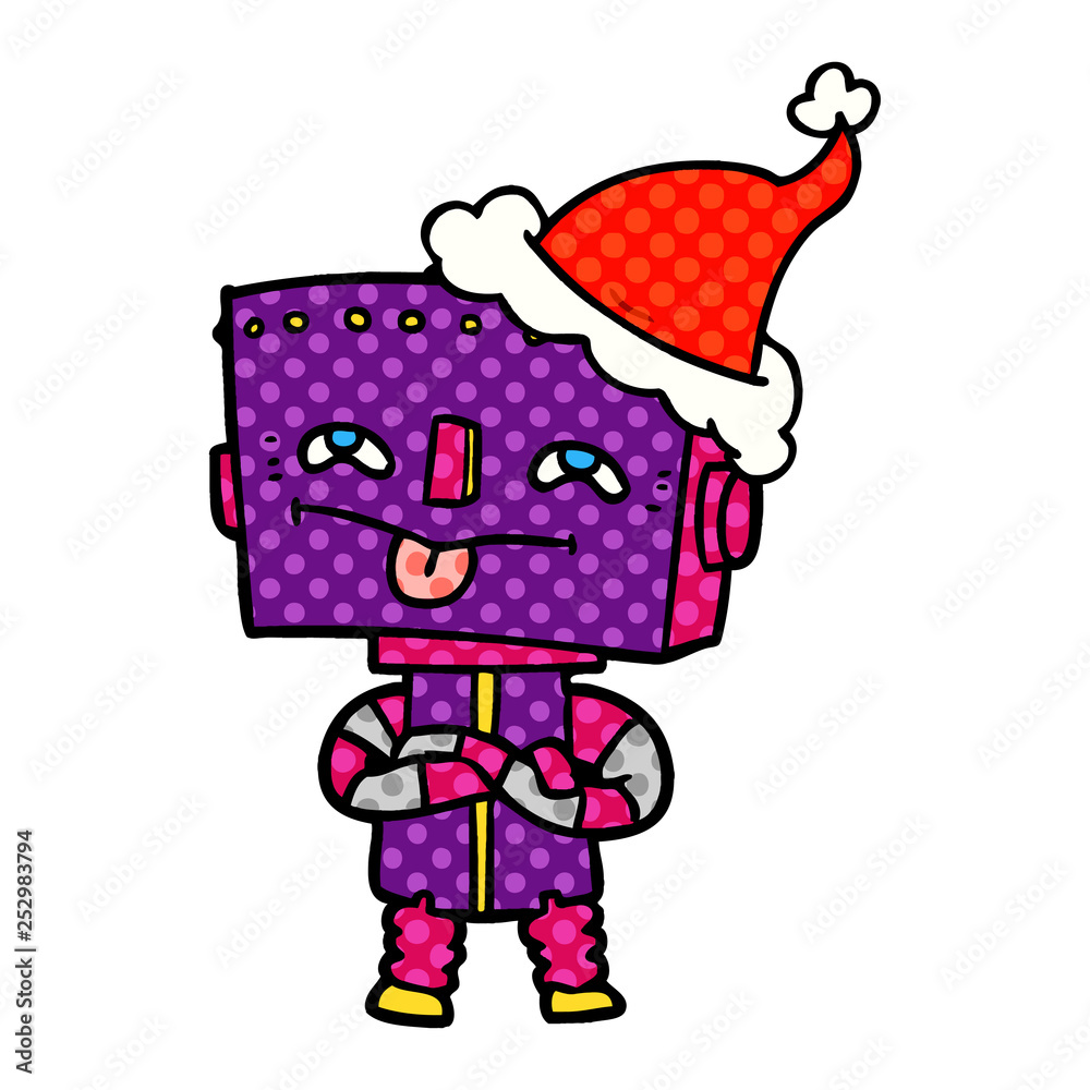 comic book style illustration of a robot wearing santa hat comic book style illustration of a robot wearing santa hat