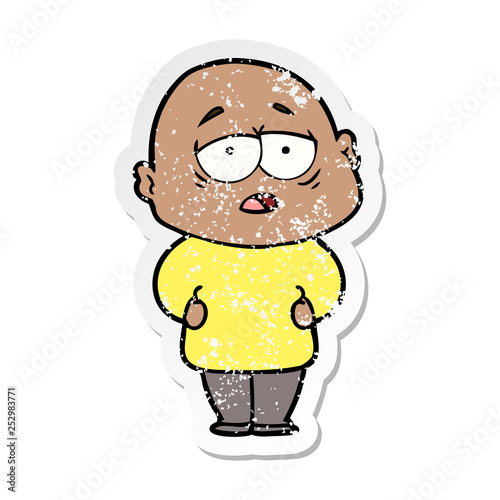 distressed sticker of a cartoon tired bald man