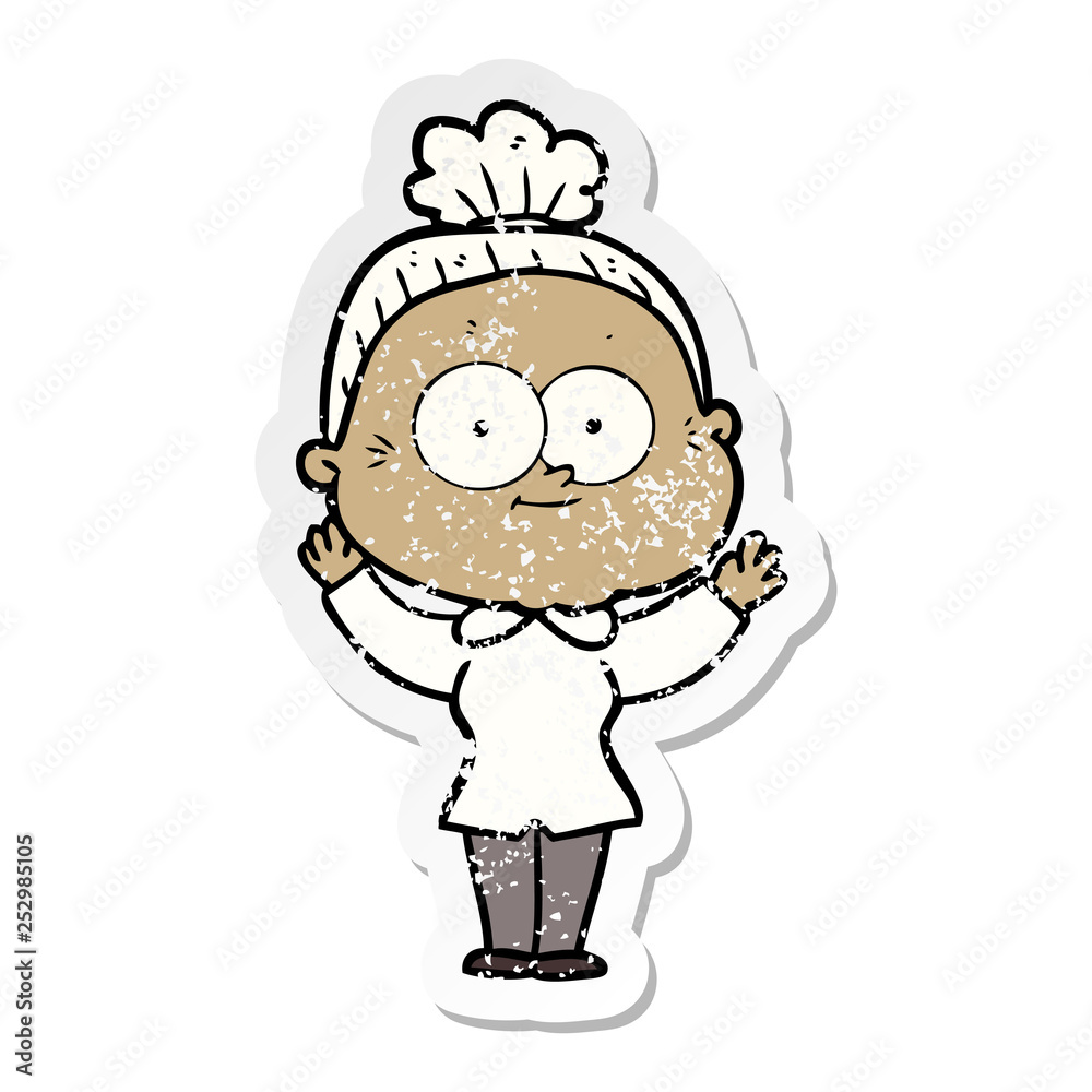 Fototapeta premium distressed sticker of a cartoon happy old woman