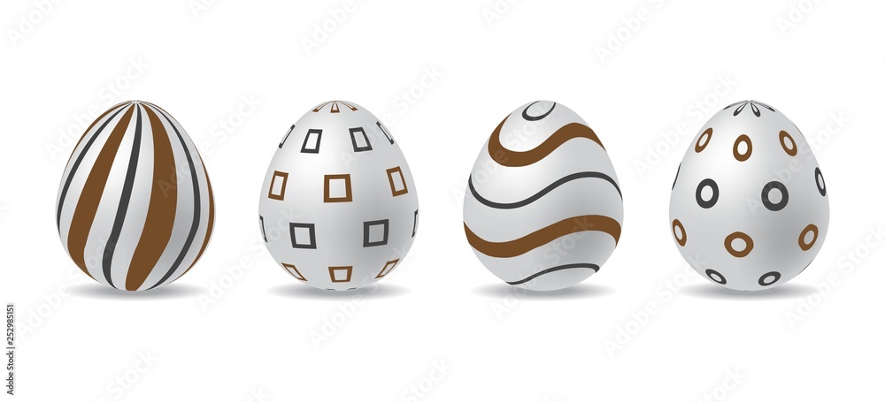 Obraz premium 3d white easter egg set. easter eggs with black and chocolate pattern. easter day element. digital vector design.