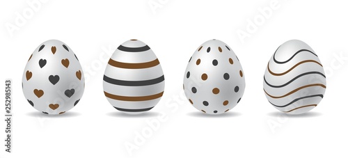3d white easter egg set. easter eggs with black and chocolate pattern. easter day element. digital vector design.