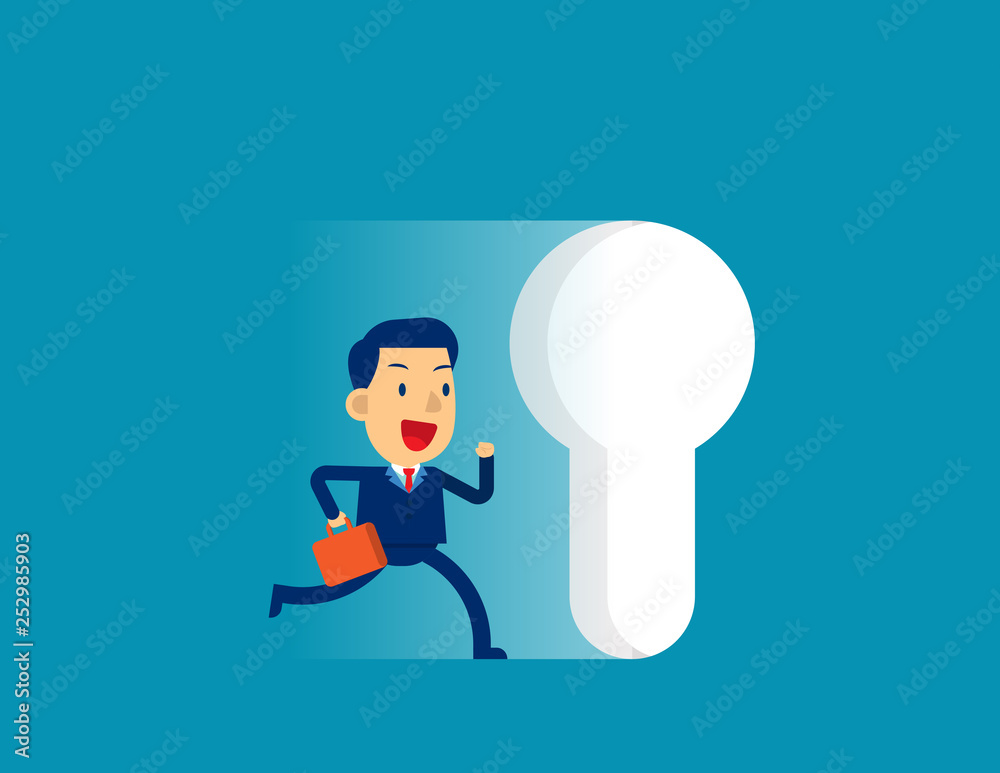 Businessman running to large keyhole. Concept cute business vector illustration, Leadership, Challenge. Businessman running to large keyhole. Concept cute business vector illustration, Leadership, Challenge.
