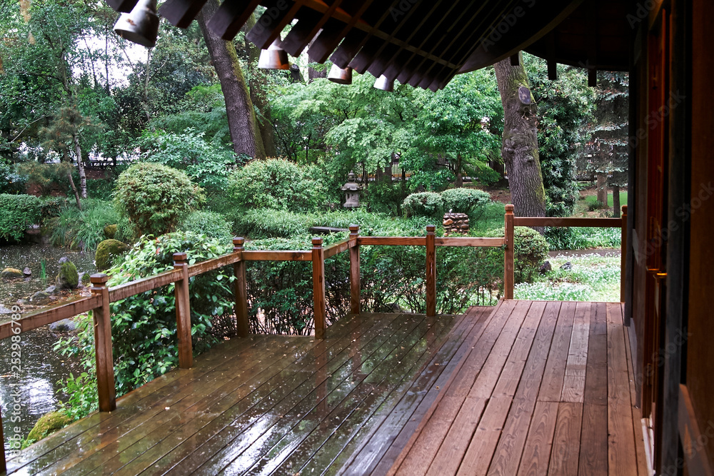porch of tea house in japanese garden in park