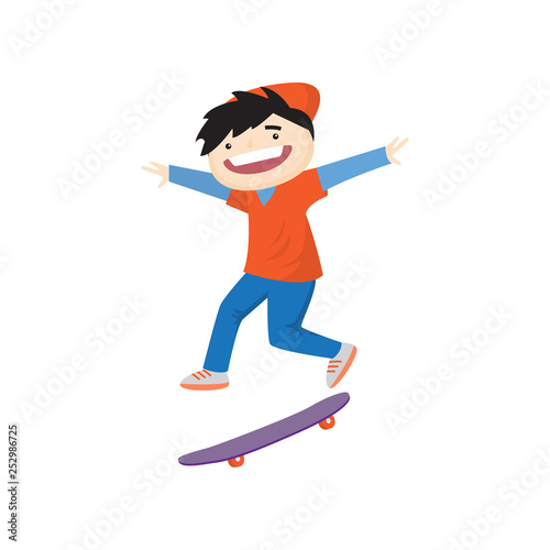 Happy smiling boy skateboarding fast and doing trick at the same time isolated on white background