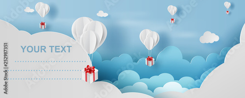 3D paper art and craft style of balloon white  floating and Gift Box on in the air blue sky.Your text space background vector.Festival decorations for card concept.Christmas,vector.illustration