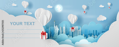 3D paper art and craft style of balloon white  floating and Gift Box on in the air blue sky.Your text space background vector.Panorama travel on holiday world city in New york USA.Christmas,vector.