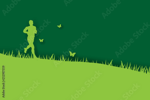 3d paper art and craft of Young runners jogging in park on green background with green grass.Man happy relax outdoors park garden have Nature butterflies flying around.Take care of your health.vector