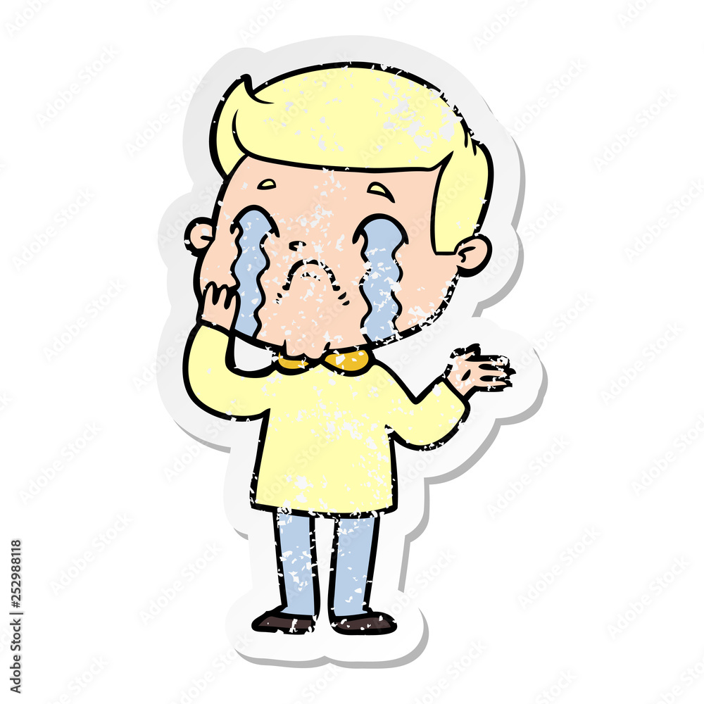 distressed sticker of a cartoon man crying