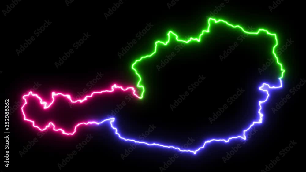 Three-colors neon glowing Austria map silhouette Three-colors neon glowing Austria map silhouette