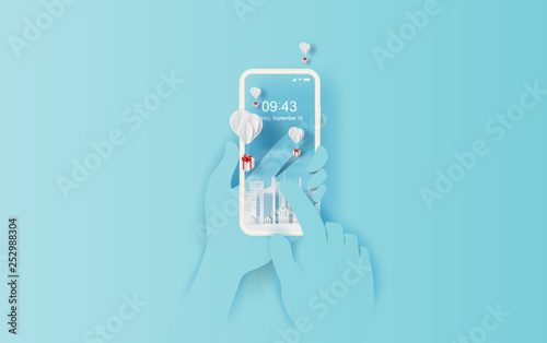 3D paper art and craft style of smartphone Online shopping balloon white floating and Gift Box on in the air blue sky.Your text space background vector.Festival for card concept.Christmas,vector