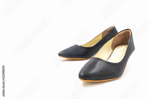 Black female high heeled leather shoes on white background.