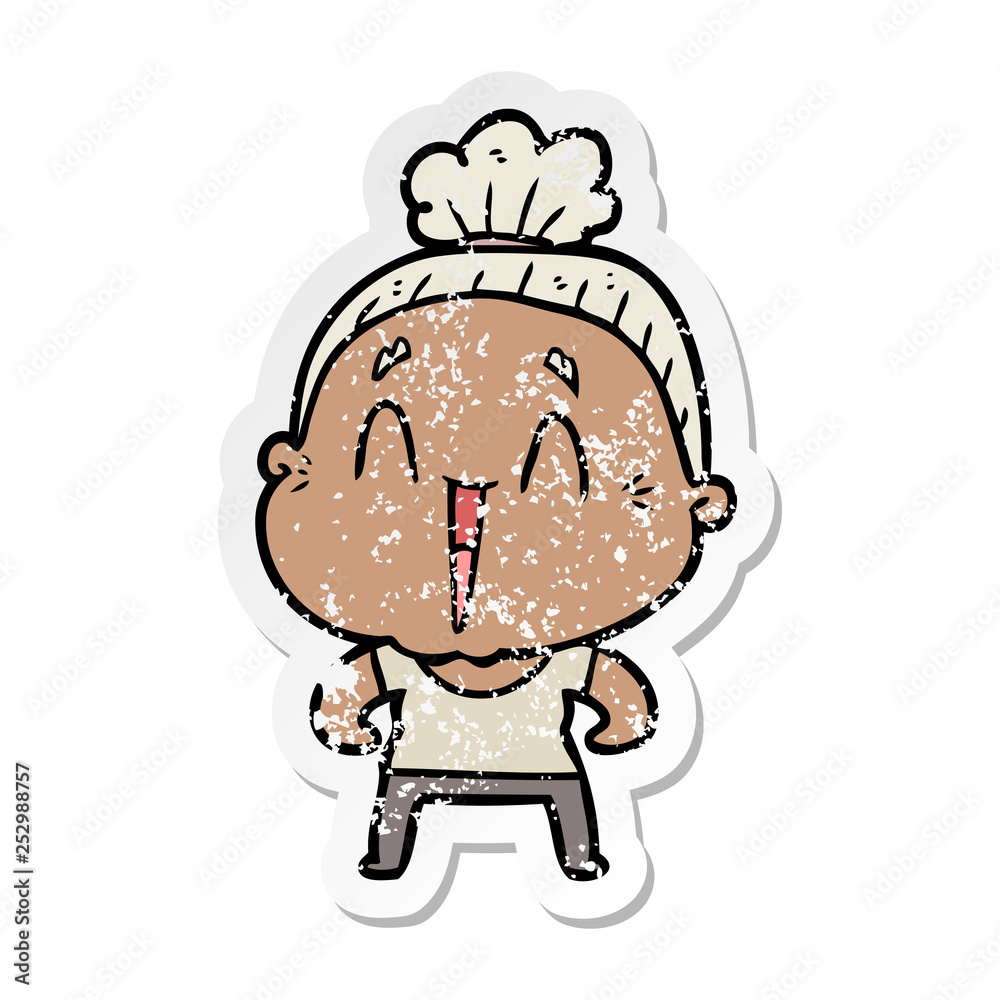 distressed sticker of a cartoon happy old lady distressed sticker of a cartoon happy old lady