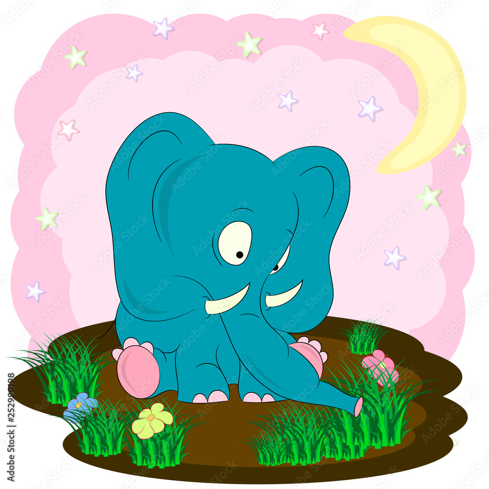 Naklejka premium cute elephant on the meadow cartoon vector illustration