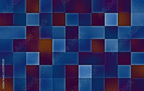 Abstract bright blue and red brown gradient pale glass geometric square blocks texture background