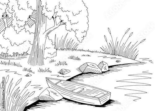 River boat graphic black white landscape sketch illustration vector