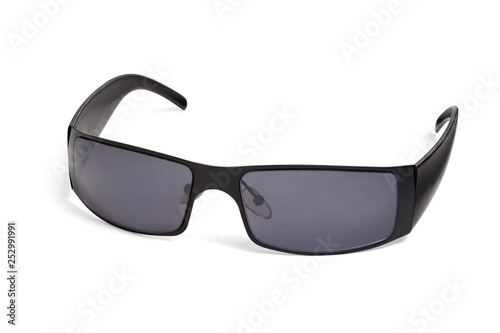 Stylish unisex sunglasses on a white background. In a half turn.