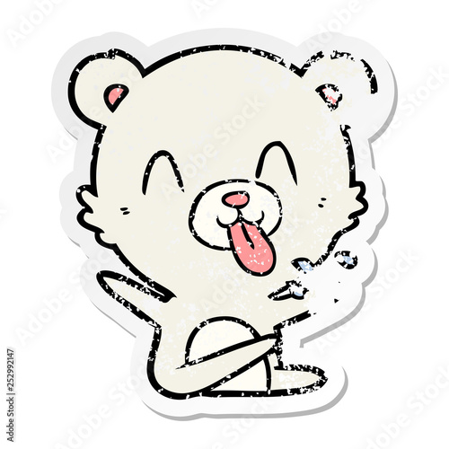distressed sticker of a rude cartoon polar bear sticking out tongue