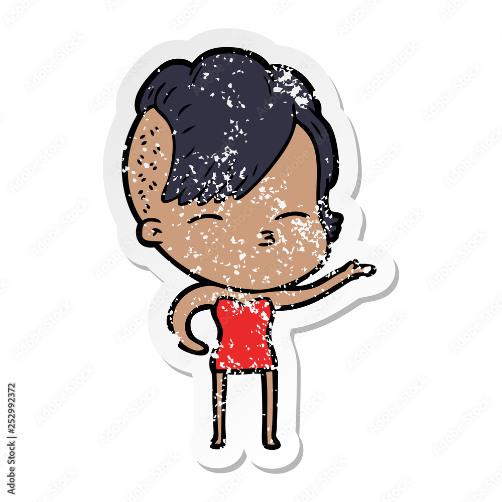 distressed sticker of a cartoon squinting girl distressed sticker of a cartoon squinting girl