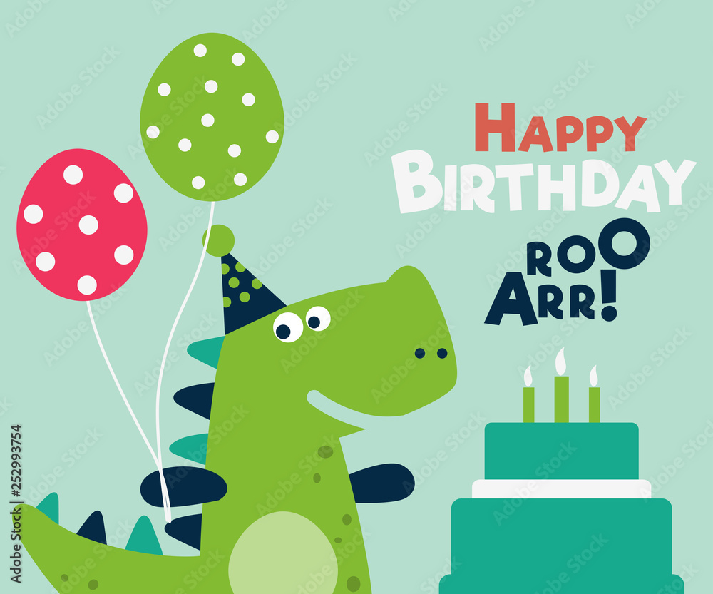 Happy birthday - lovely vector card with funny dinosaur. Ideal for cards,  invitations, party, banners, kindergarten, preschool and children room  decoration Stock Vector | Adobe Stock