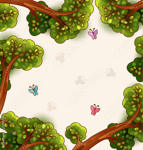 Looking up in the forest. Bright natural background with space for text