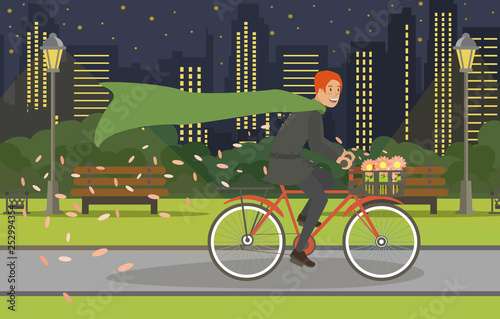 Cycling Walk Young Man in Suit and in Raincoat.